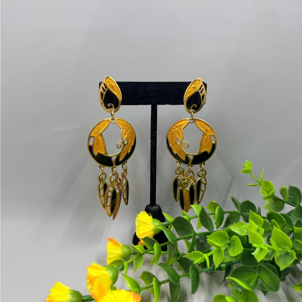 Edgar Berebi Signed Vintage Designer Chic Gold and Black Dangle Earrings